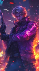 Cyberpunk gunfighter stands amid neon firestorm at night.