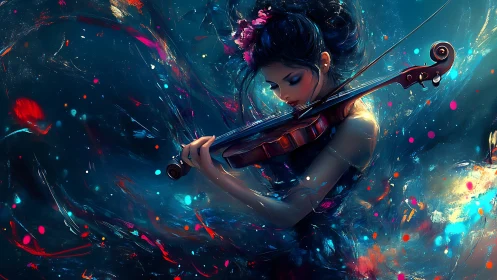 Violinist lost in swirling colors and gentle night magic.