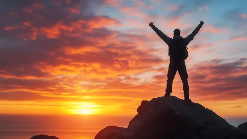 Hiker stands on rocky peak silhouetted against vivid sunset sky