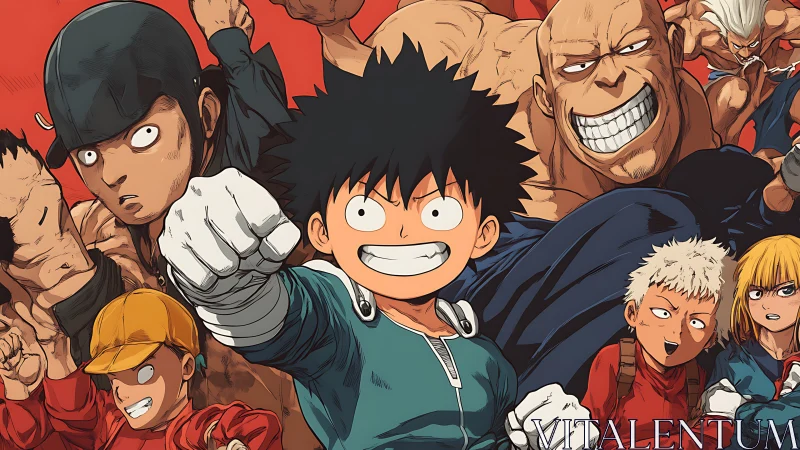 Energetic anime squad in dynamic combat-ready composition.