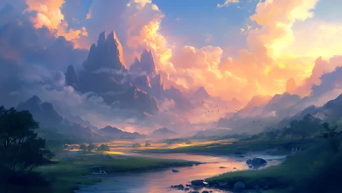 Golden evening light bathes tranquil fantasy mountain valley