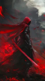 Red cloaked dark warrior amid swirling scarlet storm.