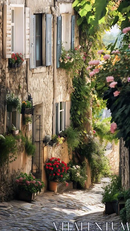 Sunlit stone alleyway with dense potted flora and shutters.