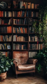 Leather reading chair framed by bookshelves and plants.