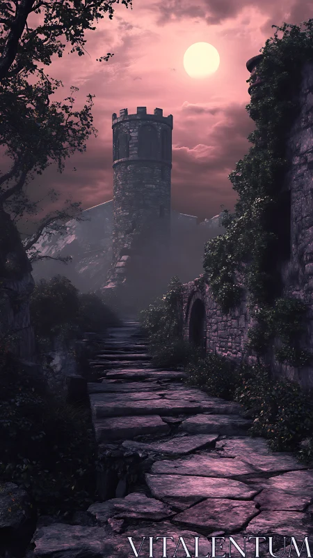 Stone tower and overgrown path under pink moonlight.