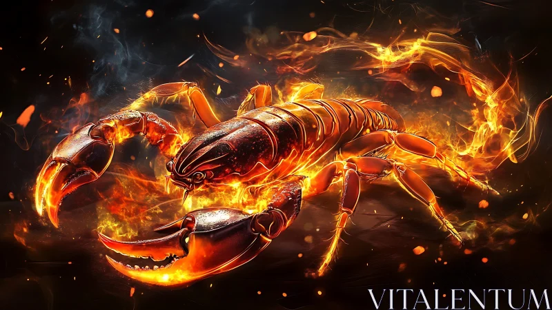 Flaming scorpion figure is rendered in high contrast lighting