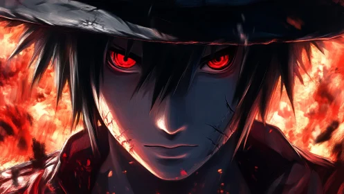 Intense red-eyed anime antihero framed by eruptive firelight