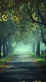 Foggy cobblestone path under backlit deciduous tree canopy