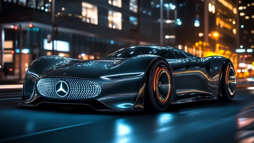 Futuristic Mercedes concept car glides through neon city streets