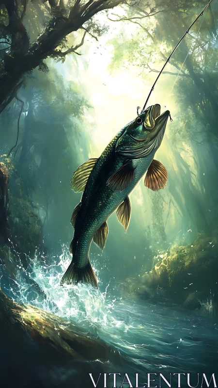 Leaping hooked fish in sunlit forest river scene.