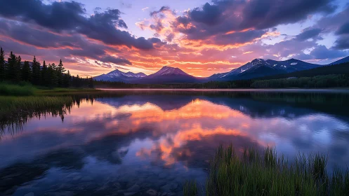 Sunset paints quiet mountains over a glassy reflective lake