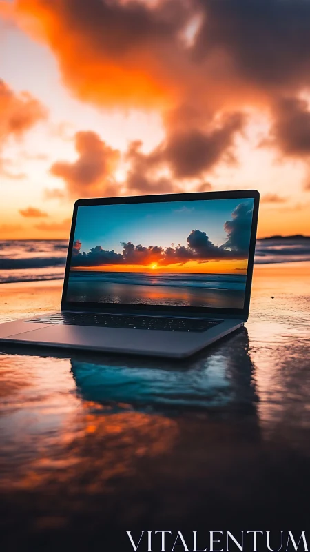 Laptop mirrors vivid ocean sunset on reflective shoreline.
