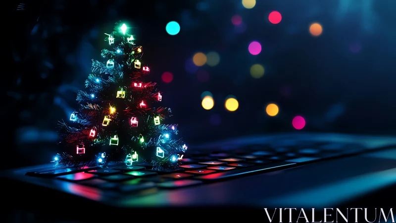 Miniature lit tree on laptop keyboard in dark setting.