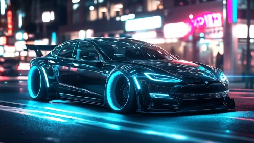 Futuristic electric car races through neon city streets at night.