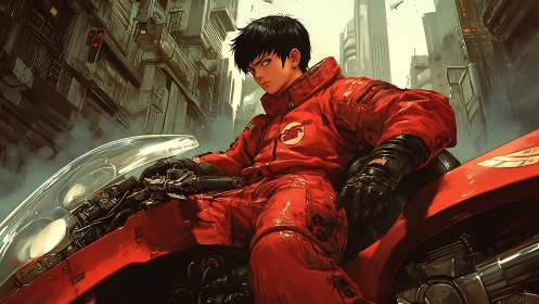 Neon rider broods on crimson bike in towering megacity fog.