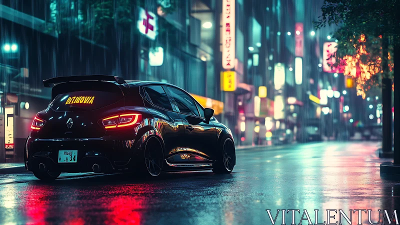 Modified hatchback is parked on wet neon city street at night