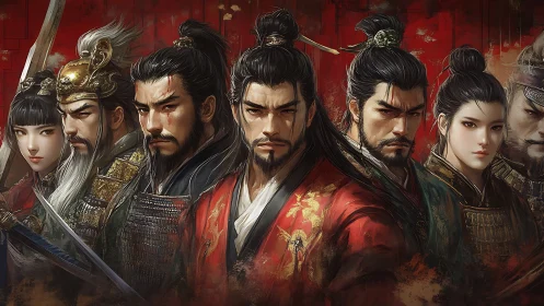 Dynastic warlords in ornate armor under crimson banners.