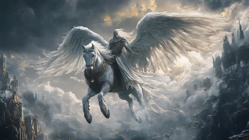 Winged armored rider on white pegasus above cloudy chasm.