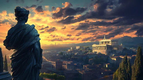 Sunset guardian watching over an ancient hilltop cityscape.