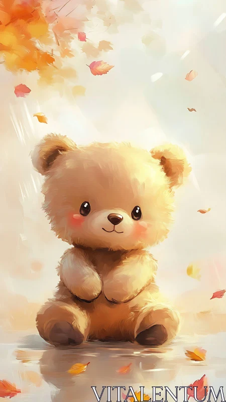 Soft plush teddy bear under drifting autumn foliage light