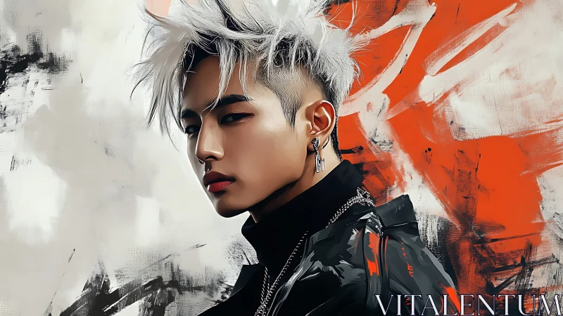 Electric gaze and silver hair against bold painted chaos.