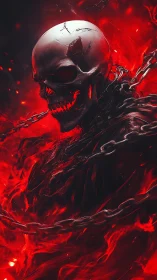 Fiery chained skull spirit rising through crimson flames.