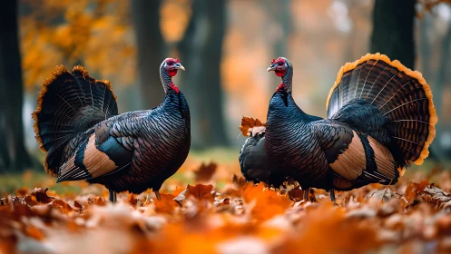 Two Wild Turkeys in Autumn Forest, Vibrant Nature Photography.