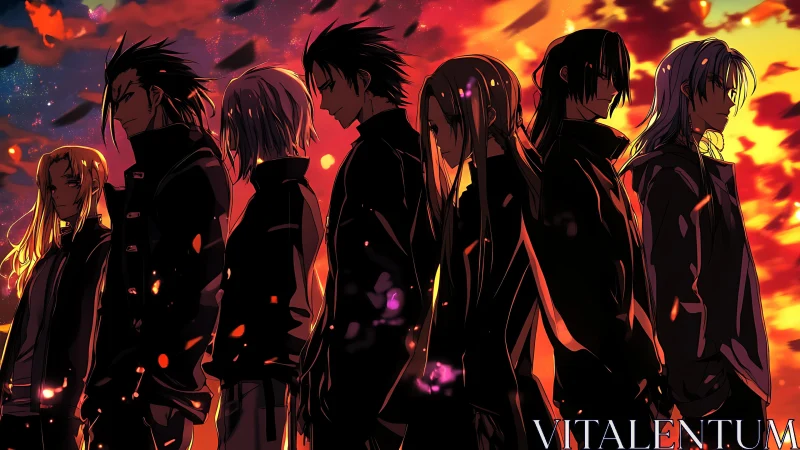 Silhouetted anime squad against blazing sunset sky.