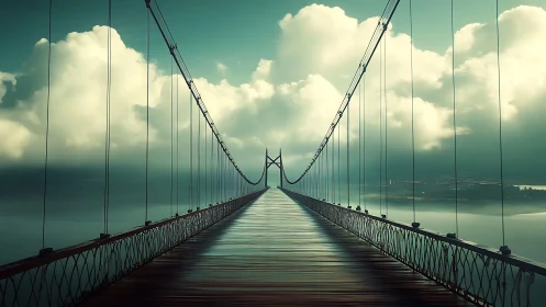 Suspension bridge perspective in misty teal atmospheric light.