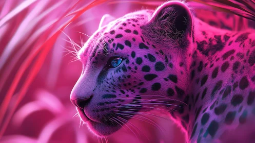 Leopard rendered with high-intensity magenta and violet luminescence.