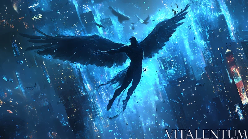 Winged dark figure soaring above neon blue cyber city.