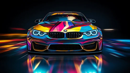 Sports car shows multicolor livery under neon motion lighting
