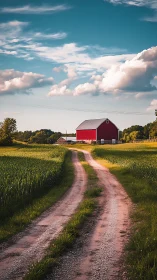 Red barn stands at end of winding gravel farm road