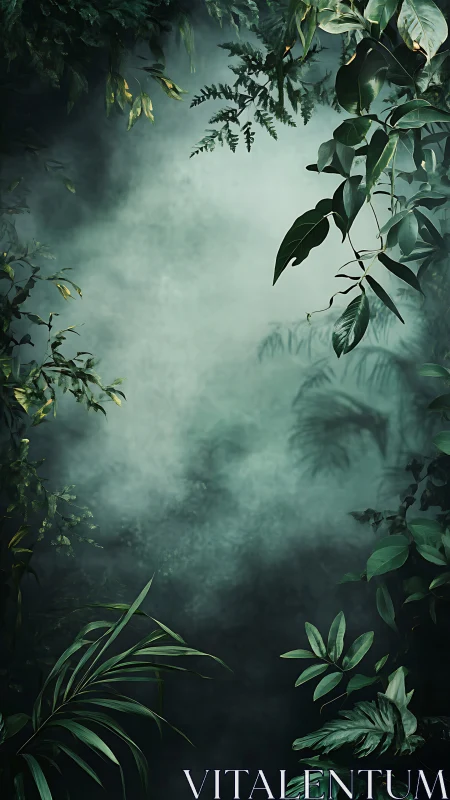 Vertical misty rainforest foliage frame with diffused teal haze