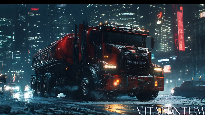 Cyberpunk freight truck rumbles through neon winter streets.