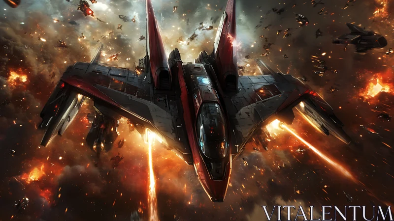 Starfighter cuts through dense space battle with weapons firing
