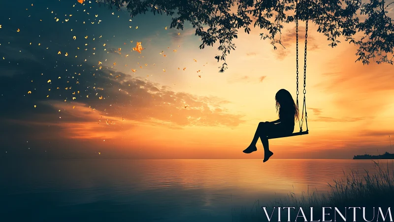 Girl on a lakeside swing drifting through sunset daydreams.