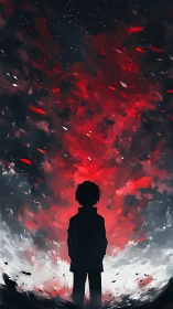 Backlit silhouette observes turbulent red nebula sky in profile