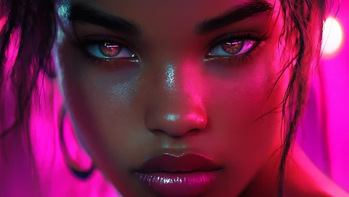 Neon-lit cyber gaze in vivid magenta portrait close-up.