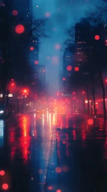 Rainy urban street with red traffic lights and reflections.