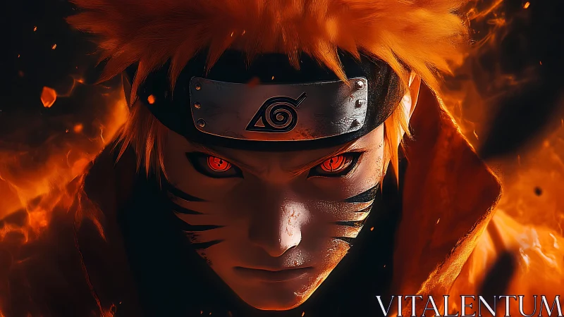 Fiery close-up depicts stylized anime warrior in headband