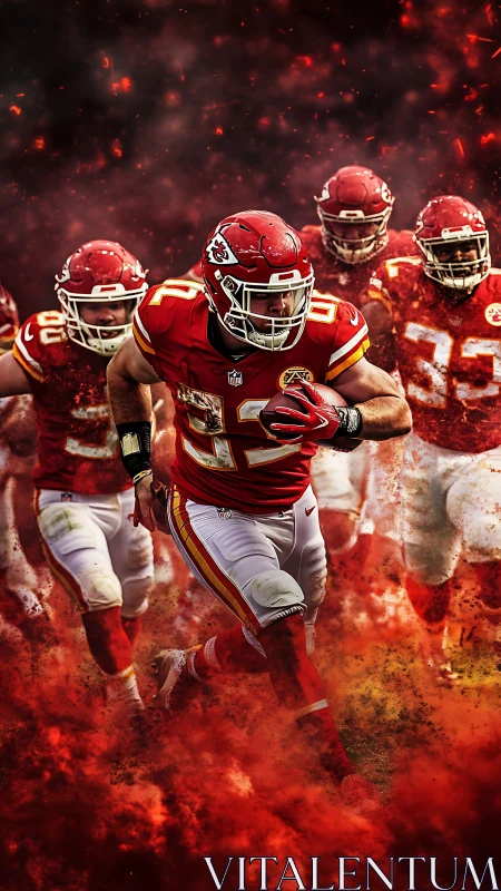 Football running back charges forward through red smoke.