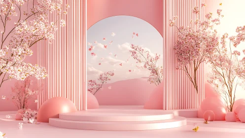 Dreamy pink garden archway bathed in soft spring light.