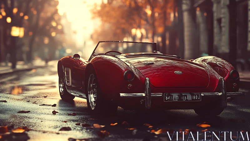 Red vintage convertible on wet autumn city street at dusk.