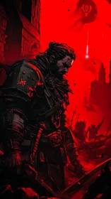 Dark warrior in crimson battlefield with high-contrast comic style.