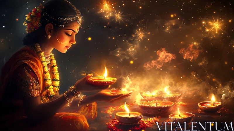Devotional girl holds glowing diyas amid golden festival light