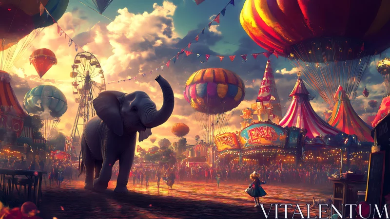 Elephant and hot air balloons in illuminated carnival scene.