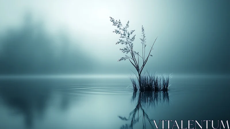 Solitary reeds in misty cyan lake with mirrored stillness.