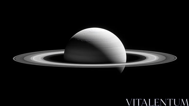 Saturn ring system in stark monochrome deep space view.