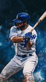 Baseball slugger prepares powerful swing amid digital sparks.